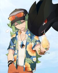 1boy 1other absurdres bead_necklace beads black_hat blue_sky bracelet closed_eyes colored_sclera cup dappled_sunlight dragon drinking drinking_straw drinking_straw_in_mouth exhausted eyewear_on_head facing_another facing_viewer floral_print gen_5_pokemon gold_bracelet hand_in_pocket hat hawaiian_shirt highres holding holding_cup hot jewelry legendary_pokemon lemonade long_bangs looking_at_object male_focus n_(pokemon) necklace nintendo nuumigranate open_clothes open_mouth open_shirt orange_shorts outdoors pokemon pokemon_(creature) pokemon_bw ponytail red_sclera shirt shorts sky sunlight sweat sweatdrop white_eyes white_shirt zekrom