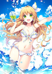 1girl :d arm_up armpits bikini blonde_hair blue_sky breasts cleavage cloud cloudy_sky day drink drinking_straw dutch_angle earrings female_focus flower_earrings frilled_bikini frills front-tie_bikini_top front-tie_top gluteal_fold green_eyes hair_ribbon halterneck ice ice_cube jewelry long_hair looking_at_viewer medium_breasts nardack navel open_mouth original outdoors outstretched_arm ribbon sidelocks sky smile solo splashing swimsuit wading white_bikini