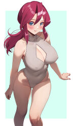 1girl absurdres akihiro0920 blue_eyes blush border breasts cleavage cleavage_cutout clothing_cutout commentary_request covered_erect_nipples creatures_(company) earrings elite_four female_focus game_freak gluteal_fold green_background grey_leotard hair_between_eyes heattech_leotard highres jewelry large_breasts leotard looking_at_viewer lorelei_(pokemon) nintendo poke_ball_earrings pokemon pokemon_(anime) pokemon_(classic_anime) ponytail red_hair sidelocks simple_background smile solo standing thigh_gap wide_hips