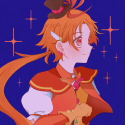 1boy black_hat blue_background brooch cure_wing earrings gloves hair_ornament hat highres hirogaru_sky!_precure jewelry long_hair looking_to_the_side magical_boy mini_hat mini_top_hat orange_gloves orange_hair orange_shirt precure puffy_short_sleeves puffy_sleeves red_eyes ri_oyasai shirt short_sleeves simple_background solo top_hat very_long_hair wing_brooch wing_hair_ornament yuunagi_tsubasa