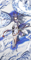 Rule 34 | 1girl, absurdres, arknights, black sleeves, blue flower, blue hair, chen qianyu (arknights), closed mouth, flower, hair between eyes, hair flower, hair ornament, highres, horns, jacket, kieed, long hair, looking at viewer, navel, partially submerged, shirt, shorts, sidelocks, solo, tail, thigh strap, white jacket, white shirt, white shorts