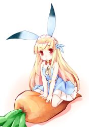 1girl :&lt; animal_ears artist_request bare_arms bare_shoulders blonde_hair blue_dress bow bowtie clock clock_necklace closed_mouth dress futaba_channel long_hair looking_at_viewer maid_headdress nijiura_maids rabbit_ears red_bow red_bowtie red_eyes sitting solo strapless strapless_dress stuffed_carrot third-party_source usai very_long_hair wariza
