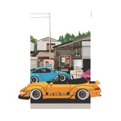 blue_car building car convertible garage highres motor_vehicle no_humans original outside_border pillarboxed pink_car porsche_911 porsche_964 porsche_991 power_lines rwb shadow sports_car vehicle_focus wang-tang_(_lose_control) yellow_car