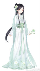 1girl artist_request black_hair bow-shaped_hair brown_eyes carnation chinese_clothes chinese_commentary closed_mouth commentary_request dot_nose eyelashes floral_print flower full_body green_flower green_shawl hair_bun hair_flower hair_ornament hanfu highres holding holding_flower jiaoling_ruqun light_blush long_hair long_sidelocks long_sleeves looking_at_viewer low-tied_long_hair low_ponytail miracle_nikki nikki_(series) official_art ponytail second-party_source sidelocks simple_background single_side_bun sleeves_past_wrists smile solo standing tassel tassel_hair_ornament very_long_hair watermark weibo_watermark white_background white_hanfu wide_sleeves
