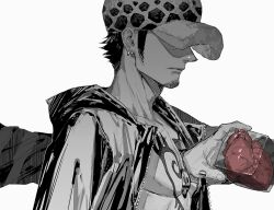 Rule 34 | 1boy, adam&#039;s apple, chest tattoo, closed mouth, coat, cube, devil fruit power, earrings, faceless, faceless male, facial hair, finger tattoo, fingernails, from side, fur hat, goatee, greyscale, hat, heart (organ), highres, holding heart (organ), hood, hood down, hooded coat, jewelry, kataruruni, long sideburns, male focus, monochrome, multiple earrings, no shirt, one piece, open clothes, open coat, outstretched arm, panther print, pectorals, self-harm, serious, short hair, sideburns, simple background, solo, spot color, surreal, tattoo, toned, toned male, trafalgar law, upper body, white background, zipper