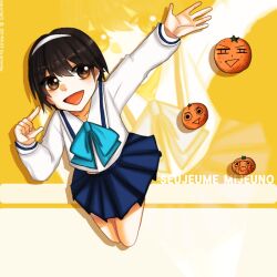 1girl black_hair blue_bow blue_skirt bow brown_eyes character_name eramey food fruit hairband konjiki_no_gash!! mandarin_orange mizuno_suzume open_mouth orange_(fruit) sailor_collar school_uniform serafuku skirt smile solo white_hairband