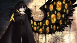 1girl angel_with_a_shotgun binah_(project_moon) black_coat black_dress black_eyes black_hair blonde_hair coat colored_inner_hair commentary drawn_wings dress earrings english_commentary fur-trimmed_coat fur_trim highres jewelry library_of_ruina lobotomy_corporation long_hair long_sleeves looking_at_viewer multicolored_hair project_moon sindrblock single_wing solo spray_paint standing upper_body wings yellow_eyes