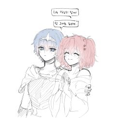 2girls aaaaddddd akuma_no_riddle azuma_tokaku blue_eyes blue_hair closed_eyes closed_mouth commentary greyscale hand_on_another&#039;s_arm ichinose_haru korean_text monochrome multiple_girls off-shoulder_shirt off_shoulder red_hair shirt simple_background smile speech_bubble spot_color thought_bubble translation_request twintails upper_body white_background