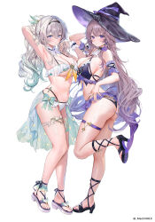2girls alternate_breast_size alternate_costume alternate_hairstyle arm_behind_head arm_up armpits ascot ass bare_legs bare_shoulders bikini black_bikini black_bridal_gauntlets black_hairband black_hat blue_butterfly blue_eyes blush breasts bridal_gauntlets brown_hair bug butterfly cleavage closed_mouth collar commentary detached_collar feet fingernails firefly_(honkai:_star_rail) frilled_collar frilled_wrist_cuffs frills from_side full_body gradient_hair green_hair green_sarong grey_hair hair_between_eyes hair_ribbon hairband hand_up hat herta_(honkai:_star_rail) highres honkai:_star_rail honkai_(series) insect jewelry key key_necklace large_breasts leg_up legs light_blush long_hair looking_at_viewer machi_(machi0910) multicolored_eyes multicolored_hair multiple_girls nail_polish navel necklace paid_reward_available parted_lips ponytail presenting_armpit purple_eyes purple_hair purple_nails purple_ribbon ribbon sandals sarong simple_background smile stomach swimsuit symbol-only_commentary the_herta_(honkai:_star_rail) thigh_strap thighs toes twitter_username two-tone_eyes underboob very_long_hair wet white_ascot white_background white_bikini white_collar white_wrist_cuffs witch_hat wrist_cuffs