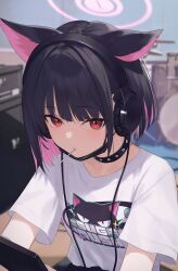Rule 34 | 1girl, absurdres, animal ears, animal print, black choker, black hair, black mask, blue archive, blush, cat ears, cat girl, cat print, cellphone, choker, colored inner animal ears, colored inner hair, halo, headphones, highres, holding, holding phone, implied extra ears, kazusa (band) (blue archive), kazusa (blue archive), kuchisode, lollipop in mouth, looking at viewer, multicolored hair, official alternate costume, phone, pink eyes, pink hair, pink halo, shirt, smartphone, solo, two-tone hair, white shirt