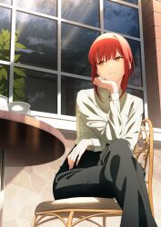 1girl absurdres black_pants chainsaw_man chair closed_mouth collared_shirt crossed_legs cup day hand_on_own_chin highres makima_(chainsaw_man) on_chair orange_eyes outdoors pants premier_un red_hair shirt sidelocks sitting solo table teacup white_shirt window