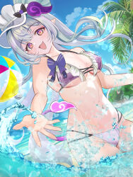 1girl absurdres ball beach beachball bikini blue_hair blue_sky breasts chicanaction commentary_request cowboy_shot genshin_impact highres large_breasts long_hair looking_at_viewer mismatched_bikini multicolored_eyes navel ocean open_mouth outdoors pointy_ears purple_bikini sky solo stomach swimsuit tail two-tone_eyes white_bikini yumemizuki_mizuki