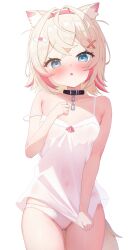 1girl absurdres animal_collar animal_ear_fluff animal_ears bandaid bandaid_hair_ornament blonde_hair blue_eyes blush breasts cameltoe collar commentary cowboy_shot daf_(daf_4) dog_ears dog_girl dog_tail dress_ribbon english_commentary facing_viewer fake_horns gluteal_fold hair_ornament highres holding holding_shirt holding_unworn_clothes hololive hololive_english horns looking_at_viewer mococo_abyssgard multicolored_hair nightgown open_mouth paid_reward_available panties raised_eyebrows see-through_clothes shirt short_hair signature small_breasts solo strap_slip streaked_hair tail thigh_gap underwear unworn_shirt virtual_youtuber white_background white_panties x_hair_ornament