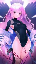 1girl absurdres arm_cutout armpit_cutout atsuko_(blue_archive) bare_legs black_leotard blue_archive blurry blurry_background blurry_foreground branch breasts closed_mouth clothes_writing clothing_cutout commentary_request covered_collarbone covered_navel expressionless feet_out_of_frame gradient_background groin high_collar highleg highleg_leotard highres jacket kazane-wind leotard long_hair long_sleeves looking_at_viewer medium_breasts off_shoulder open_clothes open_jacket pink_background pink_eyes pink_hair sideboob skin_tight solo standing thighs wavy_hair white_background white_jacket