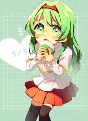 1girl ai-chan_(atytk) ai_to_yuuki_to_kashiwamochi capelet en_or food green_eyes green_hair hairband kashiwa_mochi_(food) long_hair long_sleeves mochi oak_leaf pleated_skirt red_hairband skirt smile solo thighhighs