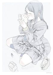 1girl applying_makeup applying_own_makeup black_hair blush carton full_body green_sweater grey_hair grey_sailor_collar grey_shirt grey_skirt highres long_hair long_sleeves muted_color one_eye_closed original pleated_skirt sailor_collar shirt sitting skirt solo sweater ueno_zousui