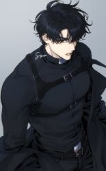 1boy absurdres black_coat black_eyes black_hair black_shirt chest_strap coat collared_shirt from_above from_side grey_background gyo_(gyoza143gyoza) highres large_pectorals long_sleeves looking_at_viewer male_focus muscular muscular_male omniscient_reader&#039;s_viewpoint pectorals shirt short_hair solo standing teeth unworn_coat upper_body yoo_joonghyuk