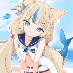 1girl absurdres ahoge animal_ear_fluff animal_ears beach blonde_hair blue_eyes buruberidesu cat_ears dress fins fish_girl fish_tail frilled_sailor_collar frills hair_ornament head_tilt highres indie_virtual_youtuber loli long_hair looking_at_viewer low_twintails multicolored_hair ocean sailor_collar sameko_saba shorts simple_background sleeveless smile solo tail twintails v_arms very_long_hair virtual_youtuber white_dress white_shorts