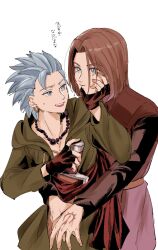 2boys :d arm_up bead_necklace beads black_sleeves blue_eyes blue_hair brown_gloves brown_hair camus_(dq11) commentary_request couple dragon_quest dragon_quest_xi earrings fingerless_gloves gloves gold_earrings green_tunic hand_on_another&#039;s_face hand_tattoo hero_(dq11) highres hoop_earrings hug hug_from_behind jacket jewelry knife looking_at_another looking_back male_focus medium_hair multiple_boys necklace open_mouth parted_hair red_sash sash short_hair smile spiked_hair sweatdrop tattoo translation_request tunic upper_body user_muvx7483 white_background yaoi