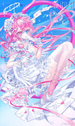 1girl blue_eyes boky_baogan breasts chibi cleavage dress envelope flower frilled_dress frilled_hairband frills gloves hair_ornament hairband halo heart heterochromia high_heels highres holding holding_letter letter long_hair looking_at_viewer love_letter original pink_eyes pink_hair ribbon rose solo thighhighs twintails very_long_hair white_dress white_gloves white_thighhighs
