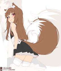 1girl absurdres animal_ears black_dress closed_mouth commentary cropped_legs dress english_commentary frilled_dress frills highres holo large_tail likunea long_hair looking_at_viewer maid maid_headdress patreon_logo patreon_username red_eyes sleeveless sleeveless_dress smile spice_and_wolf tail thighhighs twitter_username twitter_x_logo very_long_hair white_thighhighs wolf_ears wolf_girl wolf_tail zoom_layer