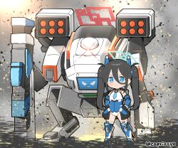 1girl aqua_halo aris_(blue_archive) aris_(mecha_suit)_(blue_archive) black_hair blue_archive blue_eyes blue_necktie bt-7274 capriccyo commentary_request halo hands_on_own_hips highres kei_(robot)_(blue_archive) leotard long_hair mecha_musume mechanical_wings necktie rectangular_halo robot smile solo standing titanfall titanfall_(series) twintails twitter_username white_leotard wings