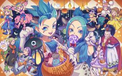 2019 6+boys 6+girls :d aged_down alternate_costume animal_ears black_tabard blonde_hair blue_bow blue_dress blue_eyes blue_hair blue_scarf blue_trim blue_vest blunt_bangs bodkin_archer bodkin_archer_(cosplay) bow braid brother_and_sister brown_hair camus_(dq11) candy candy_cane cape carnelian_(dq11) cat_ears child commentary_request cosplay creature_request cupcake dog dragon_quest dragon_quest_treasures dragon_quest_xi dress earrings eating emma_(dq11) english_text facepaint facial_hair fake_animal_ears fake_head_wings fake_teeth fangs father_and_daughter food fur_scarf gold_trim greig_(dq11) hair_bow hair_slicked_back halloween happy_halloween hat head_wings healslime hero_(dq11) high_ponytail holding holding_needle homeros_(dq11) jack-o&#039;-lantern janis_(hainegom) jewelry liquid_metal_slime_(dq) lollipop low_twin_braids martina_(dq11) maya_(dq11) meowsha_(dqt) multiple_boys multiple_girls needle open_mouth parent_and_child paw_pose pink_bow pink_dress pink_trim ponytail purple_dress purple_eyes purple_hair red_bow red_cape restless_armour restless_armour_(cosplay) scarf senya_(dq11) siblings single_earring sisters skull_on_head slime_(dragon_quest) smile speech_bubble spiked_hair spiked_hare_(dragon_quest) spiked_hare_(dragon_quest)_(cosplay) tabard thought_bubble tockle_(dq11) tonbuu_(dqt) tunic twin_braids twins veronica_(dq11) vest white_facial_hair white_hair white_tunic wings witch_hat yellow_eyes