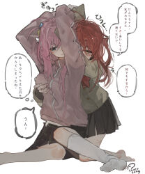 2girls absurdres alternate_language black_skirt blue_eyes bocchi_the_rock! bow bowtie chocosong closed_mouth commentary_request cube_hair_ornament gotoh_hitori grabbing_another&#039;s_breast grabbing_from_behind grey_shirt groping hair_ornament highres jacket kita_ikuyo kneehighs kneeling long_hair multiple_girls pink_hair pink_jacket pleated_skirt red_bow red_bowtie red_hair school_uniform shirt shuka_high_school_uniform simple_background skirt socks speech_bubble tears thought_bubble track_jacket translation_request white_background white_socks yandere yuri
