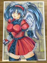 1girl absurdres angel_wings armor black_hair breastplate brown_eyes dress fighting_vipers hairband highres honey_(fighting_vipers) long_hair painting_(medium) real_life red_dress red_skirt sega skirt tagme thighhighs traditional_media twintails umi_ykhm05 wings