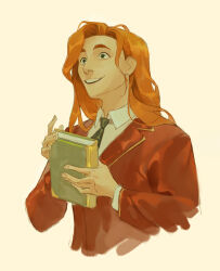1boy absurdres book commentary cropped_torso delaneyjanuzzi elliott_(stardew_valley) english_commentary green_eyes green_necktie hair_behind_ear highres holding holding_book jacket lapels layered_sleeves long_hair long_sleeves looking_ahead male_focus necktie open_mouth orange_hair red_jacket shirt simple_background smile solo stardew_valley suit_jacket teeth upper_body white_background white_shirt wing_collar