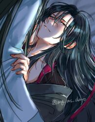 Rule 34 | 2boys, alternate hairstyle, bed sheet, bishounen, black hair, black hanfu, blush, chinese clothes, closed eyes, eyelashes, hair down, hair ribbon, hand on another&#039;s arm, hand on another&#039;s cheek, hand on another&#039;s face, hanfu, highres, holding another&#039;s arm, lan wangji, long hair, looking at another, lying, male focus, mg ms dayo, modao zushi, multiple boys, on bed, purple eyes, red ribbon, ribbon, solo focus, twitter username, upper body, wei wuxian, white hanfu, yaoi