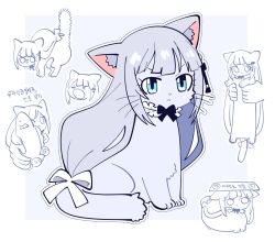 Rule 34 | 1other, animal, animal ear fluff, animal focus, animalization, black bow, black bowtie, blue background, blue eyes, blue fur, blue hair, border, bow, bowtie, cat, closed mouth, commentary request, full body, holding, holding animal, holding cat, idolmaster, idolmaster million live!, korean commentary, korean text, long hair, longcat (meme), looking at viewer, low-tied long hair, meme, millcookie pro, multiple views, object on head, pout, shiraishi tsumugi, simple background, sitting, whiskers, white border
