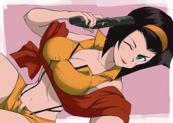 1girl breasts cleavage closed_mouth cowboy_bebop faye_valentine glock green_eyes gun hairband handgun highres holding holding_gun holding_weapon kajino_(aosansai) lipstick looking_at_viewer makeup navel one_eye_closed purple_hair short_hair shorts solo weapon yellow_hairband