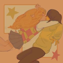 1girl 1other antlers arms_around_neck beccoty black_pants black_skirt blonde_hair brown_hair checkered_clothes checkered_vest closed_eyes commentary deer_antlers deer_girl deltarune green_sweater highres horns kiss kris_(deltarune) long_hair noelle_holiday orange_background other_with_female pants shirt short_hair skirt star_(symbol) striped_clothes striped_sweater surprise_kiss surprised sweater vest white_shirt