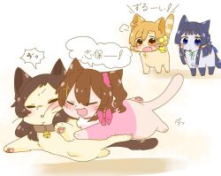 :3 ahoge animal animal_collar animal_focus animalization bell black_hair blue_eyes brown_eyes brown_hair cat closed_eyes closed_mouth clothed_animal collar dot_mouth fang hair_bobbles hair_ornament hair_scrunchie hairclip hutaba idolmaster idolmaster_million_live! kasuga_mirai kitazawa_shiho long_hair mogami_shizuka neck_bell no_humans one_side_up open_mouth orange_hair pink_scrunchie scrunchie short_hair speech_bubble sweatdrop triangle_mouth white_background yabuki_kana