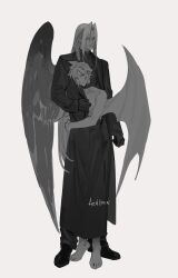 Rule 34 | 2boys, alternate costume, azolitmin, barefoot, black collar, black dress, black gloves, black jacket, black shoes, black wings, closed mouth, cloud strife, collar, crossdressing, dress, earrings, final fantasy, final fantasy vii, gloves, green eyes, highres, hug, jacket, jewelry, long hair, male focus, multiple boys, sephiroth, shoes, single earring, single wing, spiked hair, standing, under another&#039;s clothes, wings, yaoi