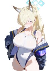 Rule 34 | absurdres, animal ear fluff, animal ears, armband, blue archive, blue halo, competition swimsuit, dog ears, dog girl, extra ears, hair over one eye, halo, highleg, highleg one-piece swimsuit, highres, kanna (blue archive), kanna (swimsuit) (blue archive), notched ear, official alternate costume, one-piece swimsuit, purple armband, sharp teeth, swimsuit, teeth, white one-piece swimsuit, yue3621