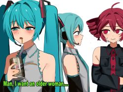 2girls ahoge animal_ears bare_shoulders beer_can black_shirt black_sleeves blue_hair blue_necktie blue_trim blush breast_pocket buttons can cat_ears collared_shirt detached_sleeves double-parted_bangs drill_hair drink_can drunk dual_persona from_side hair_between_eyes hatsune_miku headphones headset highres holding holding_can kasane_teto kasane_teto_(utau) microphone multiple_girls mykokampfwagen necktie open_mouth pocket red_eyes red_hair red_trim shirt side_drill simple_background sleeveless sleeveless_shirt solid_oval_eyes twintails utau vocaloid white_background wing_collar