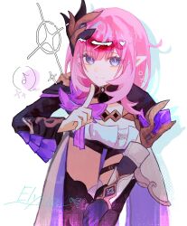 1girl black_boots black_gloves black_shorts blue_eyes boots breasts character_name corset elf elysia_(honkai_impact) elysia_(miss_pink_elf)_(honkai_impact) finger_to_mouth gloves hair_ornament hashtag-only_commentary highres honkai_(series) honkai_impact_3rd leaning_forward long_hair looking_at_viewer musical_note pink_hair pointy_ears short_shorts shorts simple_background single_glove smile solo spoken_musical_note thighs white_background white_corset x431788