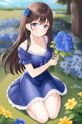 1girl :d artist_name blue_dress blue_eyes blue_flower blue_rose blue_sky blurry blurry_background blush bouquet breasts brown_hair cleavage collarbone day depth_of_field dress flower frills grass hair_between_eyes hair_flower hair_ornament highres holding holding_bouquet lace_trim long_hair looking_at_viewer medium_breasts nicoli3141 open_mouth original outdoors rose short_sleeves sidelocks signature sitting skirt sky smile solo tree twitter_username wariza yellow_flower