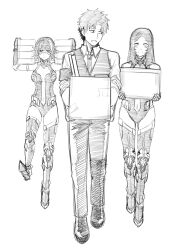 1boy 2girls box breasts cardboard_box commander_(girls&#039;_frontline) girls&#039;_frontline goggles greyscale highres long_hair monochrome multiple_girls navel parted_bangs reizo_ne sangvis_ferri simple_background smile white_background