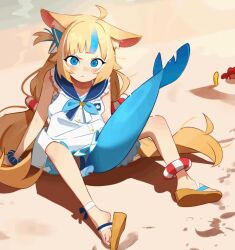 Rule 34 | 1girl, :&lt;, ahoge, animal, animal ear fluff, animal ears, animated, bare shoulders, beach, blonde hair, blue eyes, blue hair, blue sailor collar, blunt bangs, blush, closed mouth, commentary, crab, dress, english commentary, fins, fish tail, gif artifacts, indie virtual youtuber, khyle., knees up, light frown, long hair, looking at viewer, multicolored hair, outdoors, sailor collar, sameko saba, sandals, shark tail, short dress, sitting, sleeveless, sleeveless dress, solo, sparkle, spongebob squarepants, spongebob squarepants (series), streaked hair, tail, twintails, two-tone hair, v-shaped eyebrows, very long hair, video, virtual youtuber, water, white dress