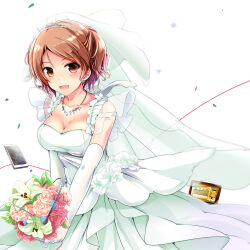 1girl absurdres alternate_breast_size bouquet breasts bridal_veil brown_eyes brown_hair cellphone cleavage commentary_request confetti dress earrings elbow_gloves flower gloves highres hojo_karen holding holding_bouquet idolmaster idolmaster_cinderella_girls jewelry kiki_(koikuchikinako) large_breasts long_dress necklace open_mouth phone smartphone smile snowflakes solo swept_bangs tiara veil wedding_dress white_background white_dress