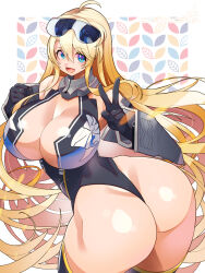 Rule 34 | 1girl, ahoge, armpit crease, ass, bad anatomy, bare shoulders, black gloves, black thighhighs, blonde hair, blue eyes, blush, breasts, cleavage, clenched hand, elbow gloves, from behind, gloves, goggles, goggles on head, hair between eyes, harpyia (last origin), highres, huge ass, huge breasts, last origin, leaf, leaf background, leotard, light particles, long hair, looking at viewer, looking back, open mouth, outside border, shiny skin, smile, solo, standing, thick thighs, thighhighs, thighs, tongue, twisted torso, umigarasu (kitsune1963), v, very long hair, white background