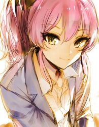1girl collared_shirt commentary_request goshiki_suzu highres idolmaster idolmaster_cinderella_girls jacket jougasaki_mika long_hair looking_at_viewer open_clothes open_jacket pink_hair ponytail shirt sketch smile solo yellow_eyes