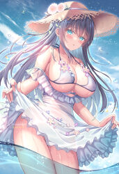 1girl bare_shoulders bikini black_hair blue_eyes blush breasts cleavage clothes_lift day dress flower grey_bikini hat highres large_breasts long_hair looking_at_viewer open_mouth original outdoors pussy_juice see-through_clothes shirakawako smile solo straw_hat sun_hat swimsuit water wet white_bikini