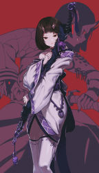 1girl absurdres bare_shoulders black_choker bridal_gauntlets brown_eyes brown_hair charm_(object) choker colored_sclera dark_persona earrings eyeshadow film_grain fingernails grin highres holding holding_sheath holding_sword holding_weapon horns jewelry jin_rou katana long_fingernails long_sleeves looking_at_viewer makeup mole mole_on_leg novel_illustration hugging_object official_art oni oni_horns original parted_lips pink_eyeshadow pink_lips pointy_ears red_background red_eyes red_sclera scabbard scales sharp_teeth sheath short_hair simple_background skindentation skull smile solo sword teeth textless_version thighhighs unsheathing very_long_fingernails weapon weapon_bag white_thighhighs wide_sleeves