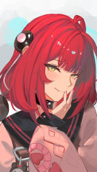 1girl absurdres black_choker black_sailor_collar charm_(object) choker closed_mouth eyelashes green_eyes hair_ornament hand_to_own_mouth heart highres kyes long_hair long_sleeves looking_at_viewer pink_nails red_hair sailor_collar simple_background solo ukinami_yuzuha upper_body zenless_zone_zero