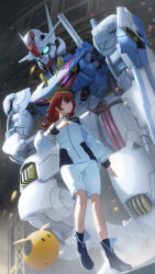 1girl alternate_hairstyle asticassia_school_uniform black_boots boots closed_mouth commentary_request dutch_angle green_eyes gundam gundam_aerial gundam_suisei_no_majo hair_between_eyes haro highres jacket long_hair long_sleeves mecha mobile_suit red_hair robot school_uniform science_fiction shorts solo standing suletta_mercury thick_eyebrows v-fin white_jacket white_shorts yuyiosang