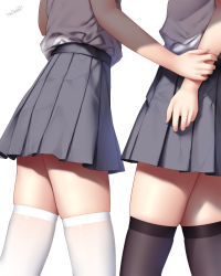 2girls artist_name black_legwear close-up grey_skirt highres multiple_girls original pleated_skirt shirt signature simple_background skindentation skirt standing thighhighs thighs white_background white_legwear white_shirt wsman zettai_ryouiki